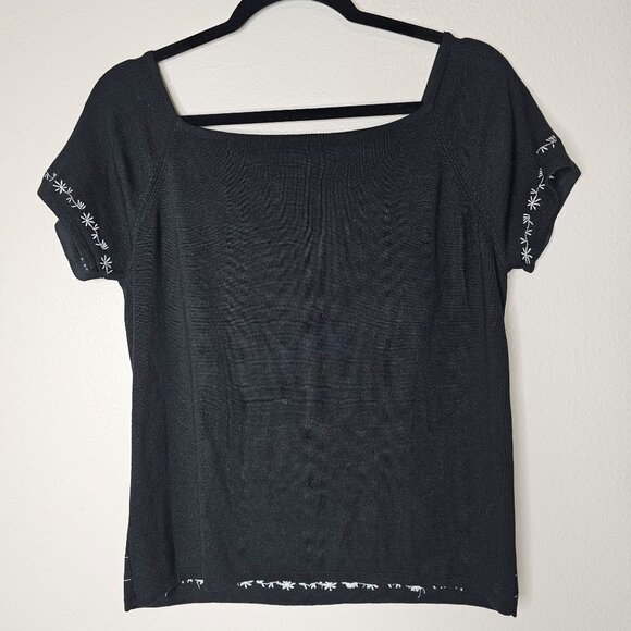 Vintage L Top Black Silk Blend Knit Floral Embroidery Whimsigoth Dark Cottage - Picture 5 of 5